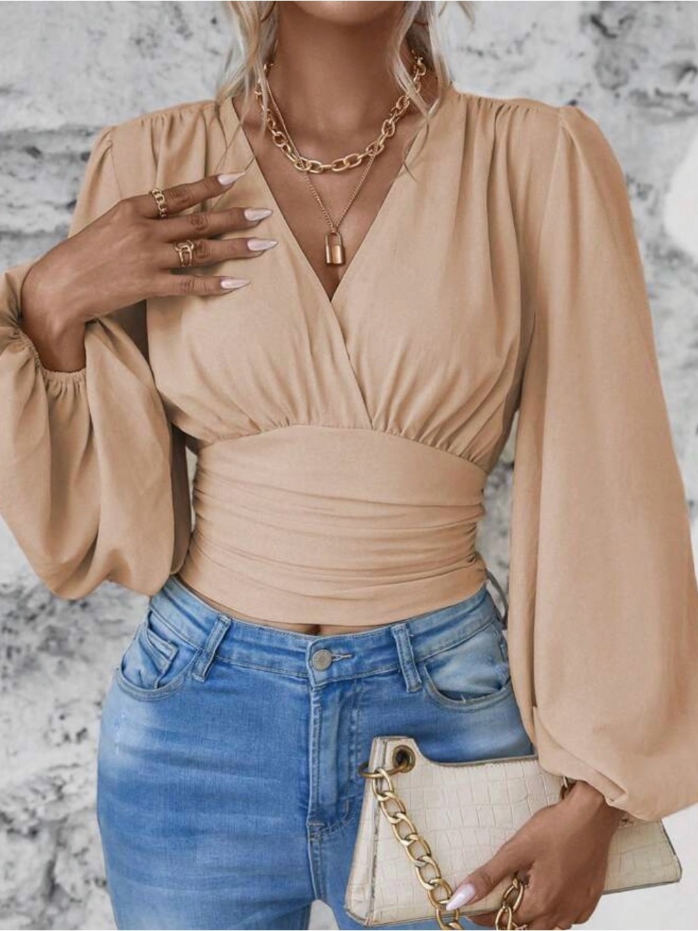Wrap-Front Fitted Long Sleeve Blouse